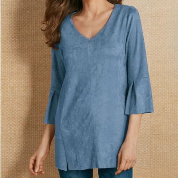 Soft‎ Surroundings Blue Faux Suede V-Neck Bell Sleeve Tunic Top Petite Small L2 - Picture 1 of 8